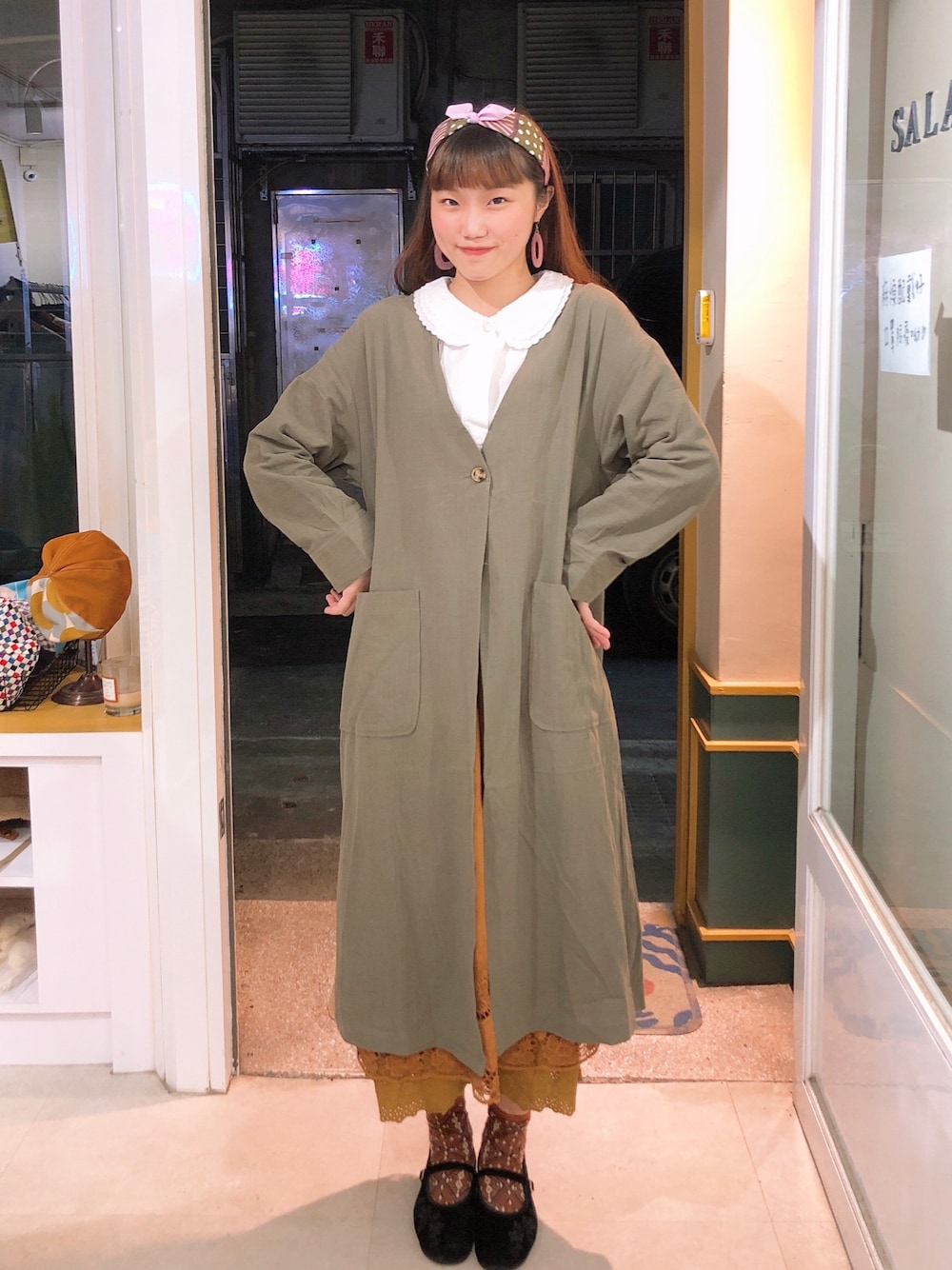 「ootd、日系、可愛い、秋のコーデ」｜「SALAのアイテム（ジャケット/アウター、グリーン系）」を使った、まる🍡さん（レディース・162cm）の秋コーディネートの1枚目の写真