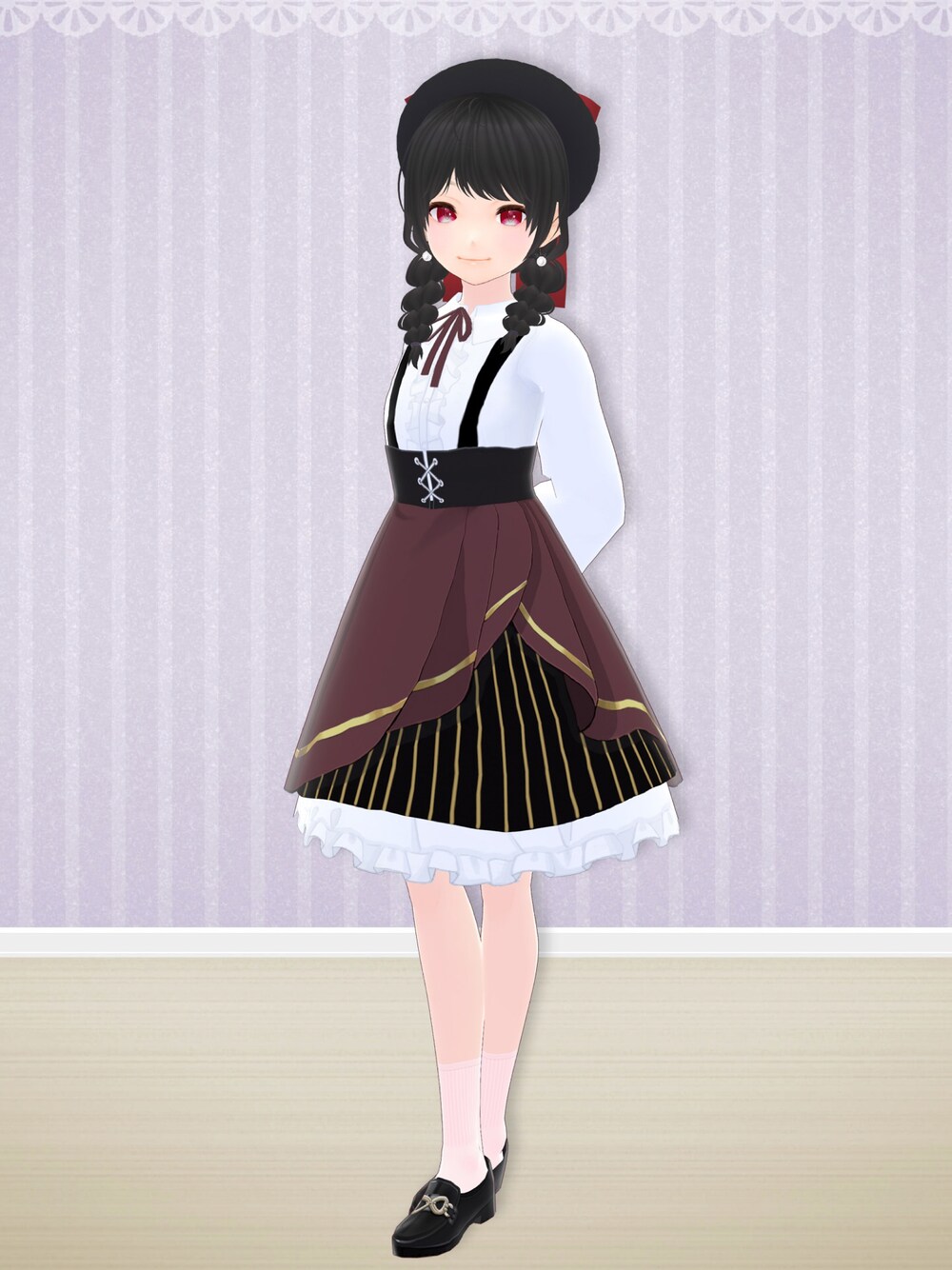 「charanporan、ぱっちこーで、なお屋、VRoid、バーチャルファッション、ワンピース、ワンピーススタイル、ワンピースコーデ、ヨーロッパ風、ベレー帽」｜「C.H.R-ちゃらんぽらんのアイテム（ワンピース、ブラウン系）」を使った、八雲ももさん（レディース・160cm）の夏コーディネートの1枚目の写真