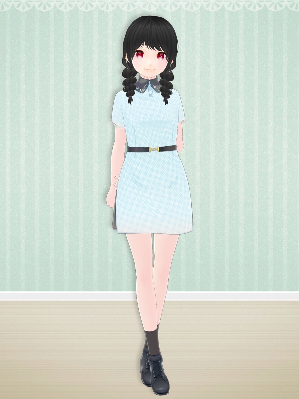 「くまさんぽしぇっと、VRoid、バーチャルファッション、ビジュー、ビジューワンピース、ワンピース」｜「くまさんぽしぇっとのアイテム（ワンピース、ブルー系）」を使った、八雲ももさん（レディース・160cm）の春コーディネートの1枚目の写真