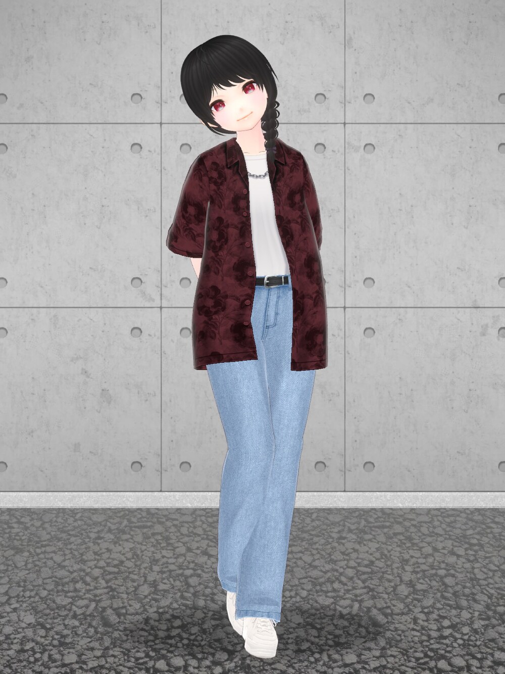 「4473D、VRoid、バーチャルファッション、デニム、デニムパンツ、柄シャツ」｜「4473Dのアイテム（シャツ/ブラウス、レッド系）」を使った、八雲ももさん（レディース・160cm）の秋コーディネートの1枚目の写真