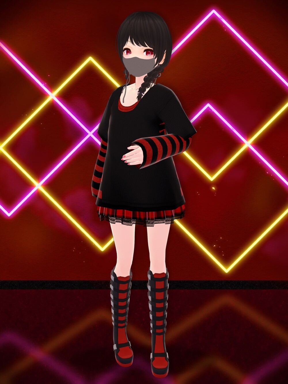 「ラクーンファクトリー、αρχη、VRoid、バーチャルファッション、パンク、パンクコーデ、パンクロック、punk」｜「ラクーンファクトリーのアイテム（Tシャツ/カットソー、ブラック系）」を使った、八雲ももさん（レディース・160cm）の夏コーディネートの1枚目の写真
