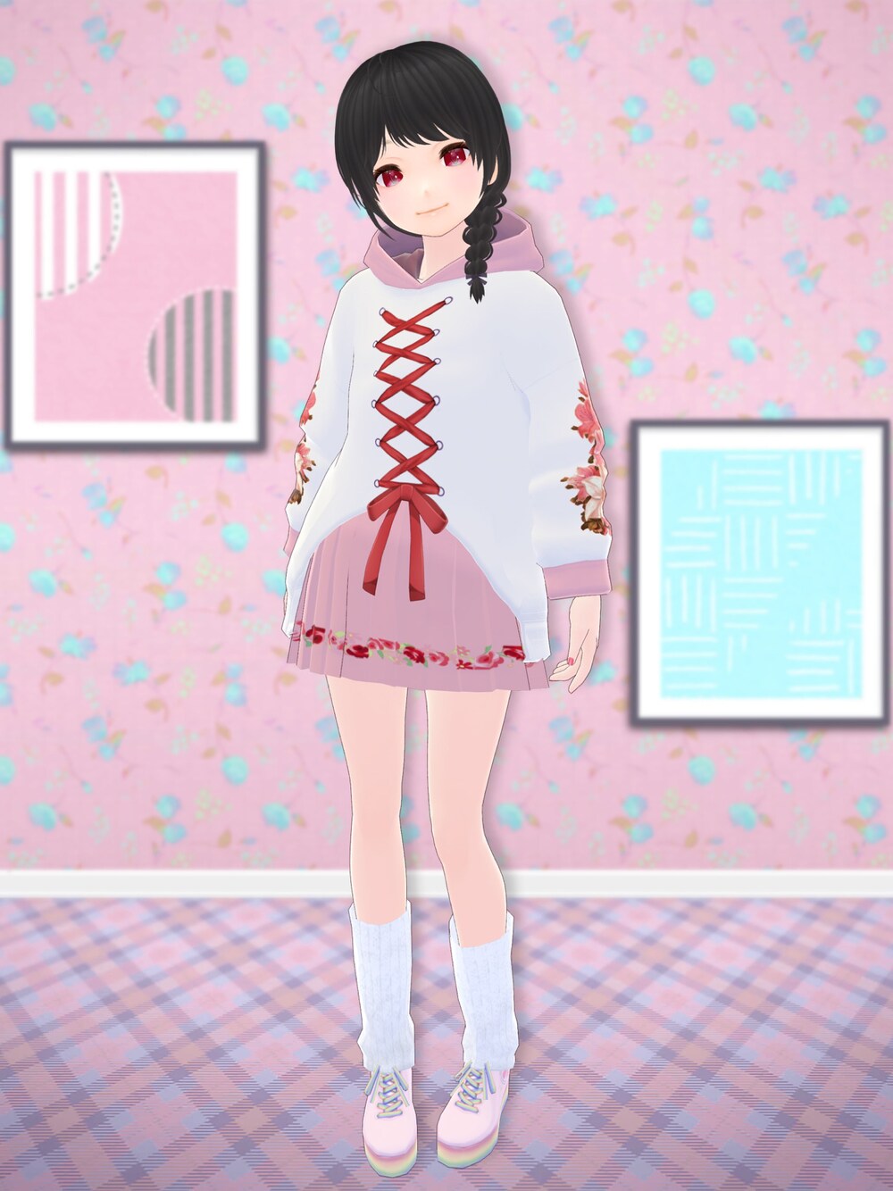 「鈴々堂、UltraNemiNemiShop、VRoid、バーチャルファッション、大人かわいい、大人ガーリー、ルーズソックス、スニーカー」｜「鈴々堂のアイテム（パーカー、ピンク系）」を使った、八雲ももさん（レディース・160cm）の夏コーディネートの1枚目の写真