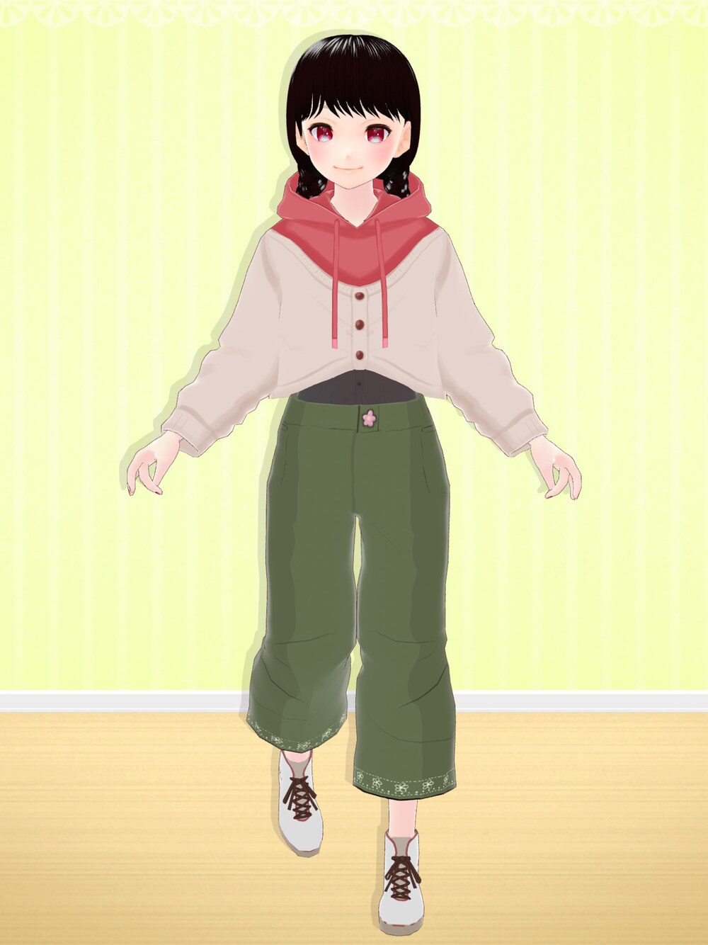 「春服みてみて、ぴケの創作屋さん、VRoid、バーチャルファッション、春服、春服コーデ、おしゃれさんと繋がりたい、お洒落さんとつながりたい、いいね、save、フォローお願いします🤑」｜「ぴケの創作屋さんのアイテム（ポンチョ、レッド系）」を使った、八雲ももさん（レディース・160cm）の春コーディネートの1枚目の写真