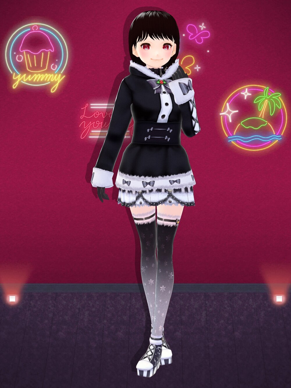 ブラック系のその他アウターを着用したレディースの冬コーディネートの1枚目の写真