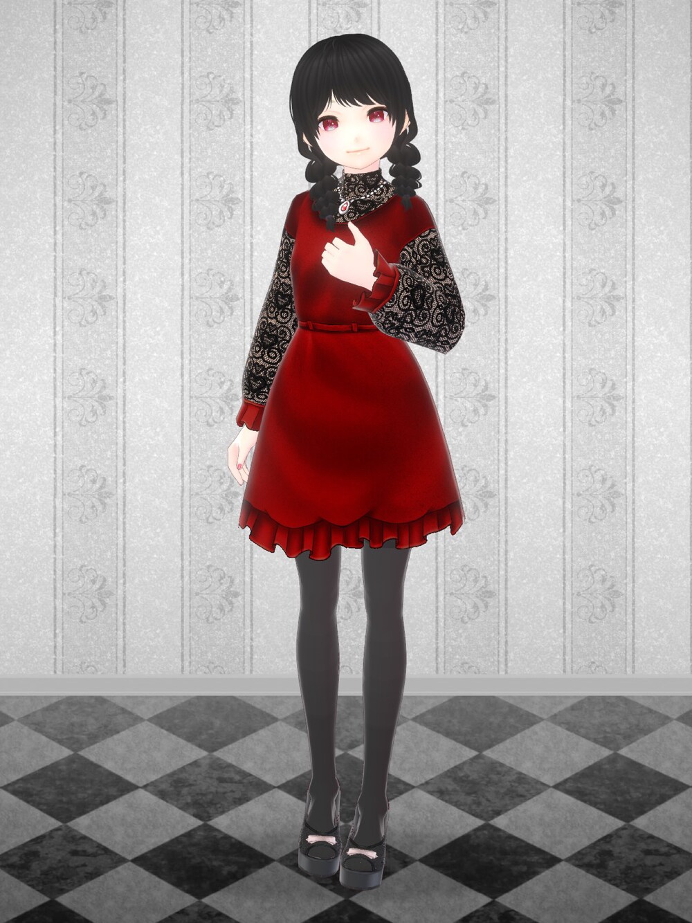 「sub:06、祈祷、VRoid、バーチャルファッション、ワンピース、ワンピーススタイル、ワンピースコーデ、赤、レース」｜「sub:06のアイテム（ワンピース、レッド系）」を使った、八雲ももさん（レディース・160cm）の秋コーディネートの1枚目の写真