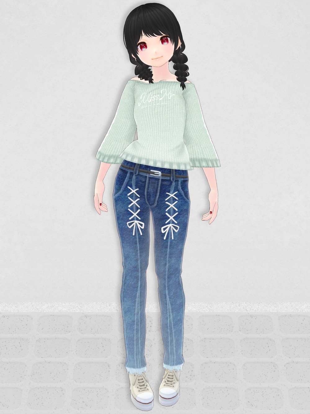 「piriod、VRoid、バーチャルファッション、ニット、髪型変えました」｜「piriodのアイテム（デニムパンツ、ブルー系）」を使った、八雲ももさん（レディース・160cm）の春コーディネートの1枚目の写真
