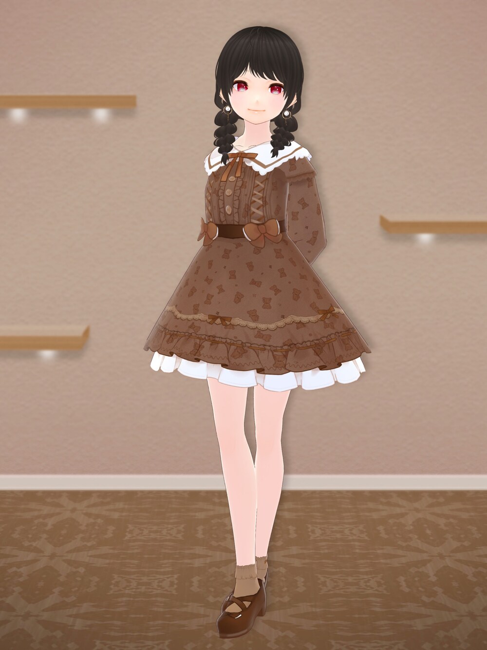 「くまさんぽしぇっと、なお屋、VRoid、バーチャルファッション、ワンピース、ワンピーススタイル、ワンピースコーデ、ロリータ、くまさん、チョコレート」｜「くまさんぽしえっとのアイテム（ワンピース、ブラウン系）」を使った、八雲ももさん（レディース・160cm）の秋コーディネートの1枚目の写真