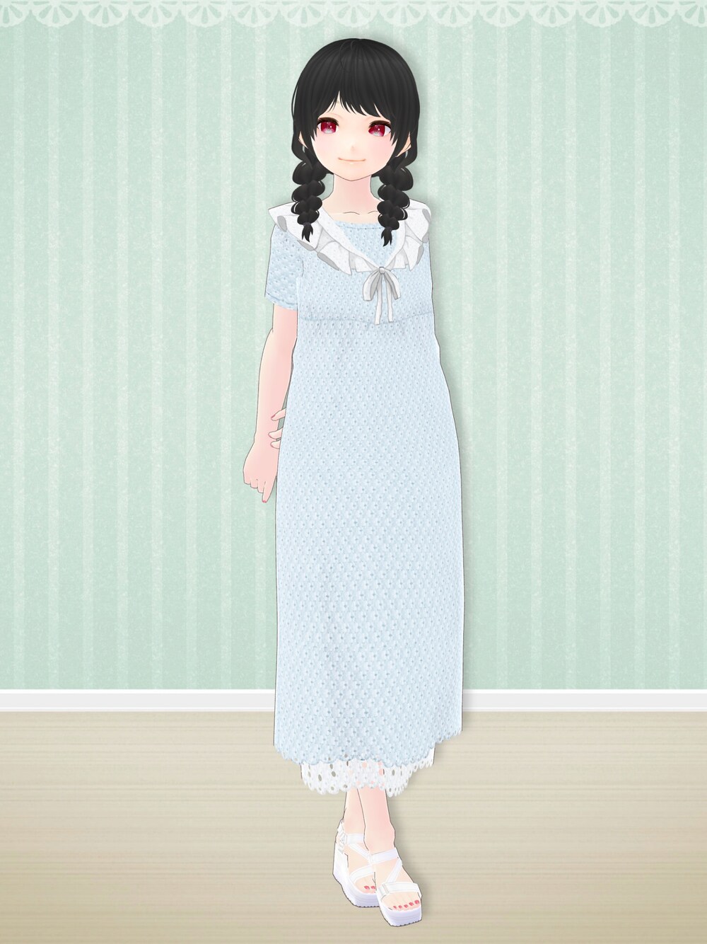 ブルー系のワンピースを着用したレディースの夏コーディネートの1枚目の写真