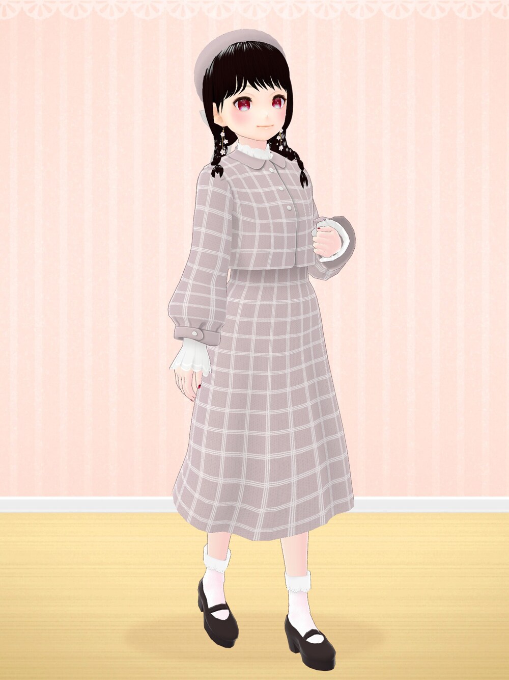 ピンク系のセットアップ、ピンク系のピアス（両耳用）を着用したレディースの春コーディネートの1枚目の写真