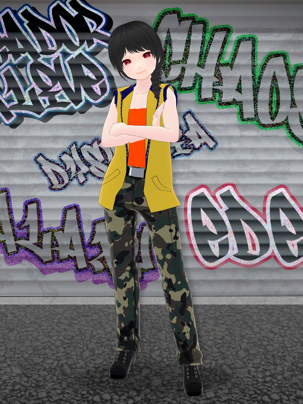 「SPINNS、VRoid、バーチャルファッション、カモフラ、カモフラパンツ、カモフラ柄、カーゴパンツ、ベスト」｜「SPINNSの【14色展開】ツイル ドローコードワイドカーゴパンツ（カーゴパンツ、その他）」を使った、八雲ももさん（レディース・160cm）の秋コーディネートの1枚目の写真