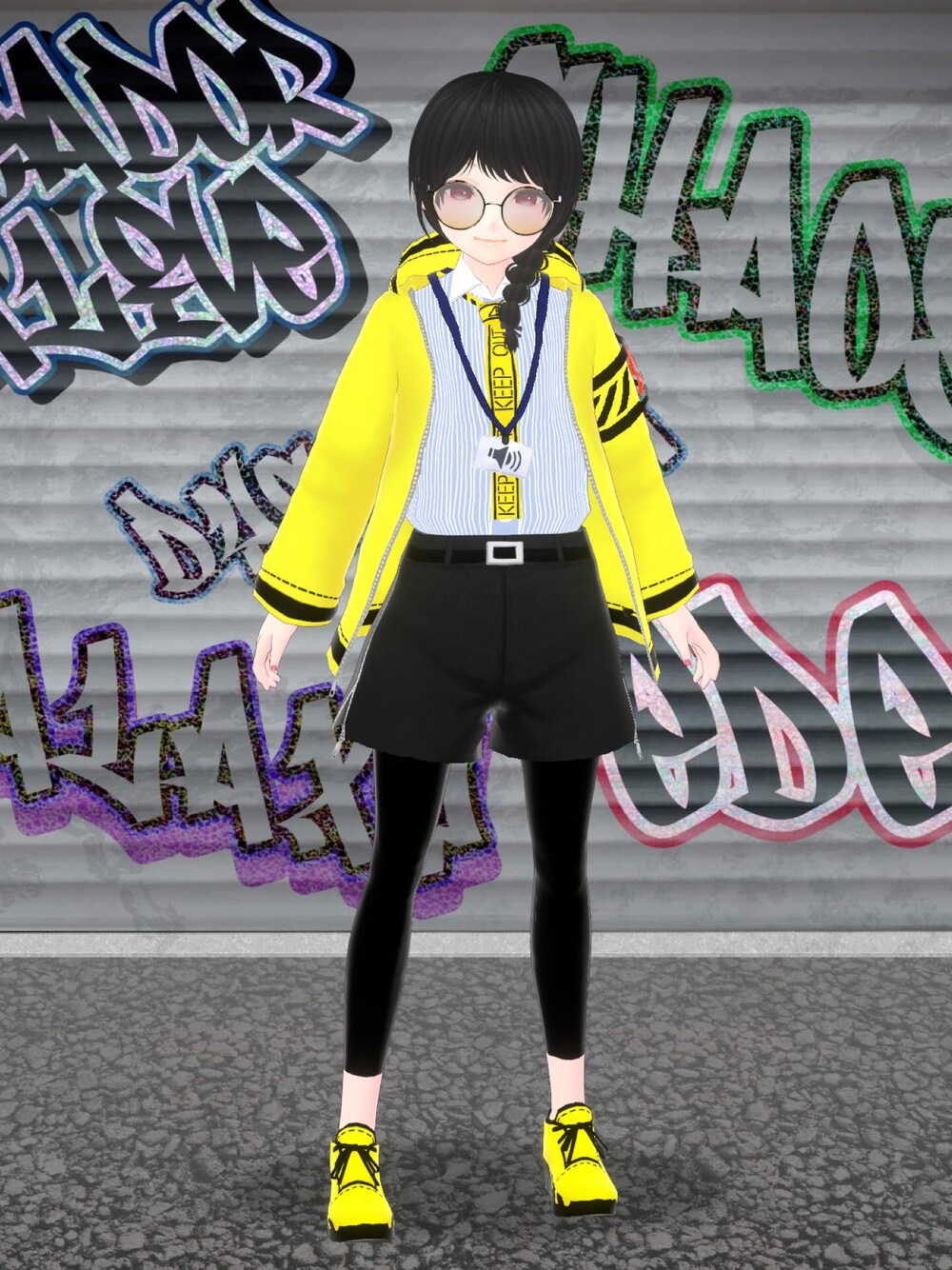 「6666669、楽曲を纏う、VRoid、バーチャルファッション、黄色、パーカー、パーカーコーデ、ストリート、ストリートコーデ、派手、派手色、スニーカー」｜「6666669のアイテム（パーカー、イエロー系）」を使った、八雲ももさん（レディース・160cm）の秋コーディネートの1枚目の写真