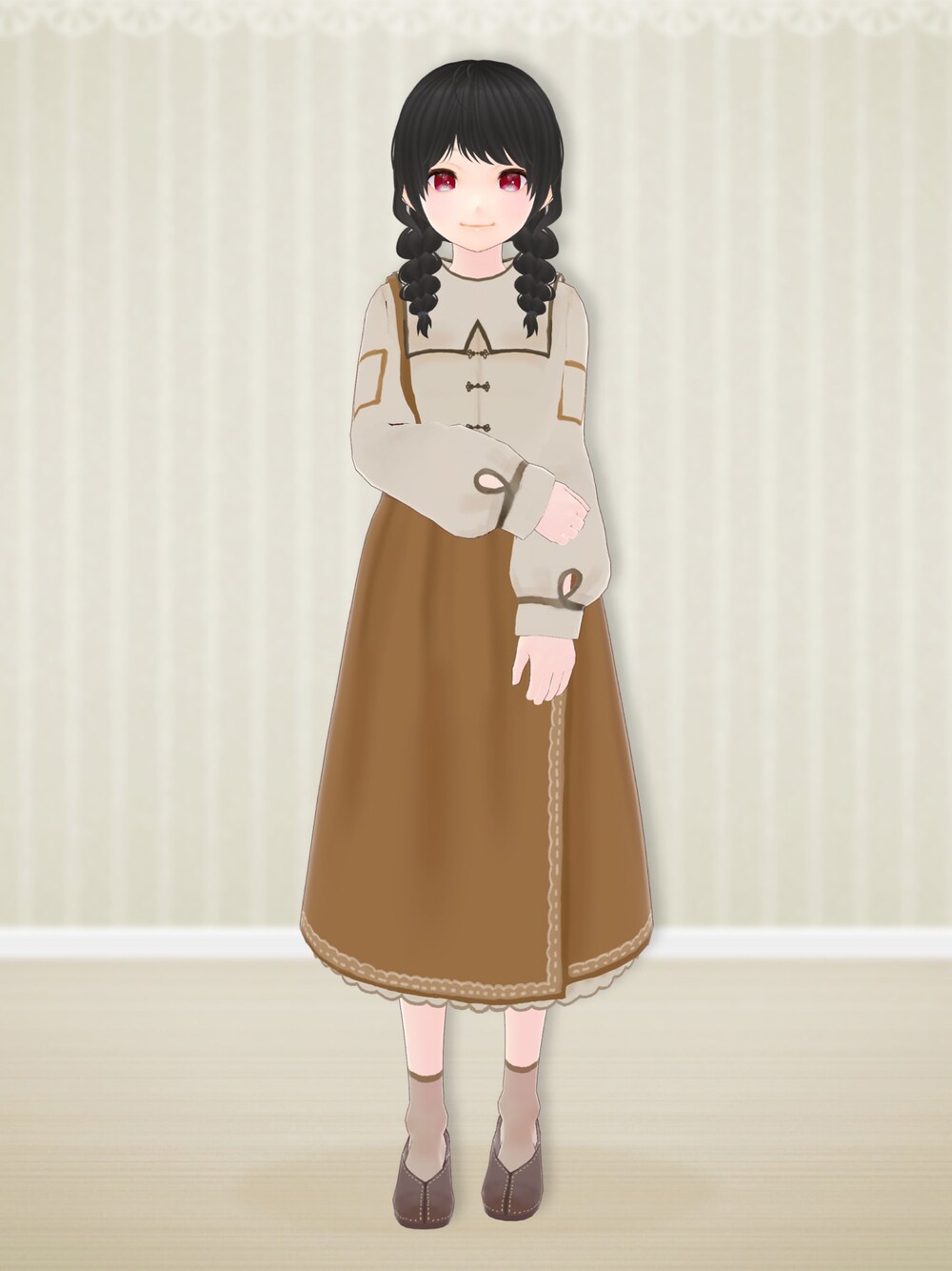「monchouchou、VRoid、バーチャルファッション、大人かわいい、初秋コーデ、秋冬コーデ、秋服コーデ、ブラウン、ブラウンコーデ、スカート、スカートスタイル、大人カジュアル」｜「結ぱんやのアイテム（スカート、ブラウン系）」を使った、八雲ももさん（レディース・160cm）の秋コーディネートの1枚目の写真