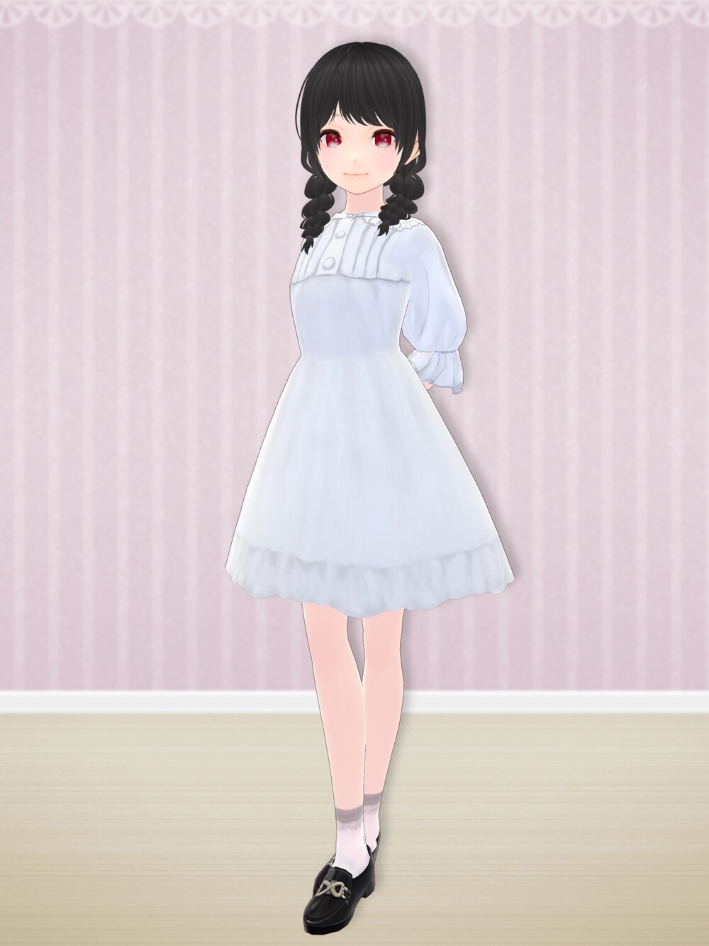 「MxU、VRoid、バーチャルファッション、ワンピース、ワンピーススタイル、ワンピースコーデ、白ワンピース、フリル、フリルワンピース」｜「miyaDAZOのアイテム（ローファー、ブラック系）」を使った、八雲ももさん（レディース・160cm）の夏コーディネートの1枚目の写真