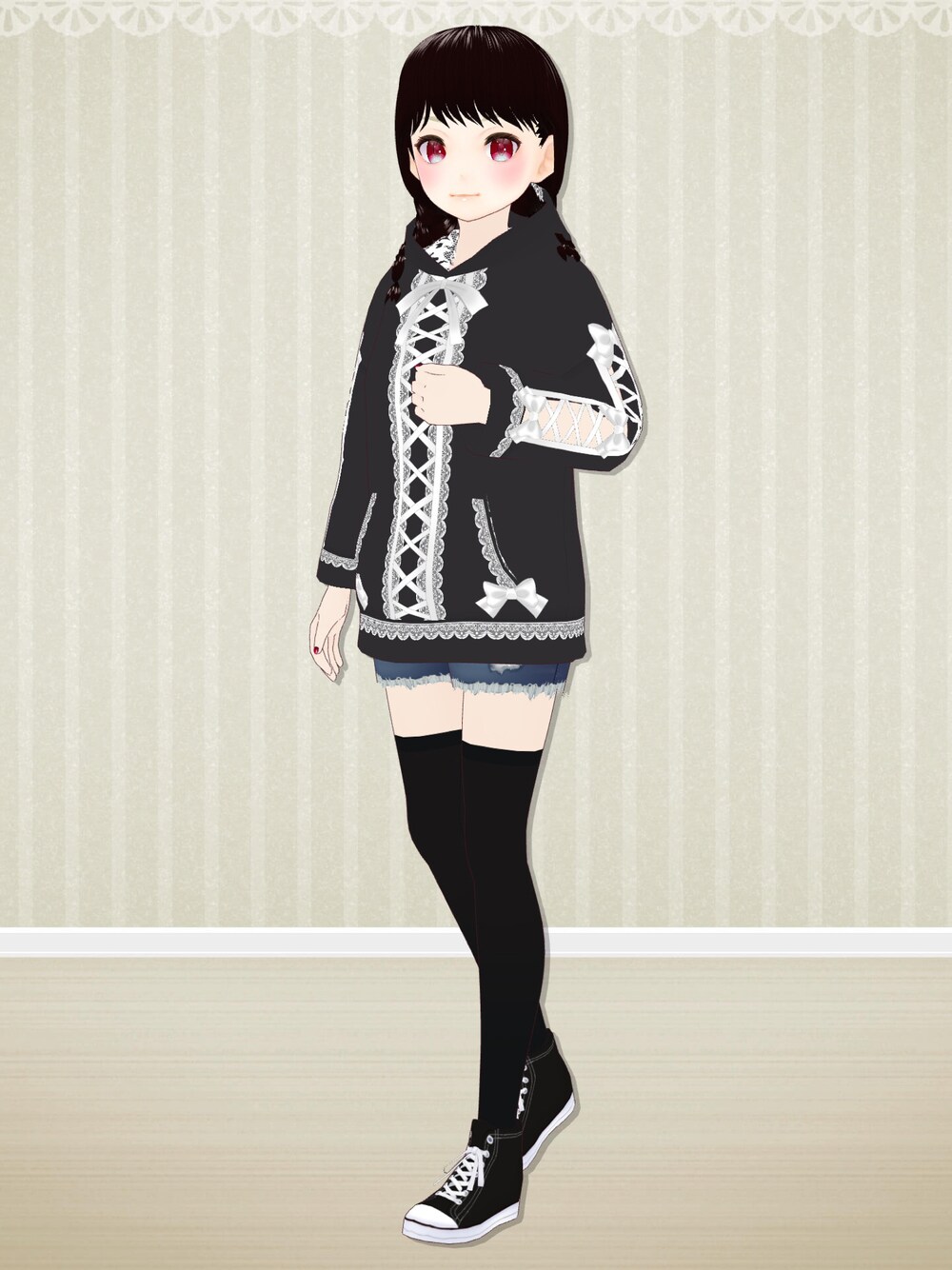 「パーカー、うさみみ、おうちファッション、VRoid、バーチャルファッション」｜「ねこあしこんぶのアイテム（パーカー、ブラック系）」を使った、八雲ももさん（レディース・160cm）の秋コーディネートの1枚目の写真