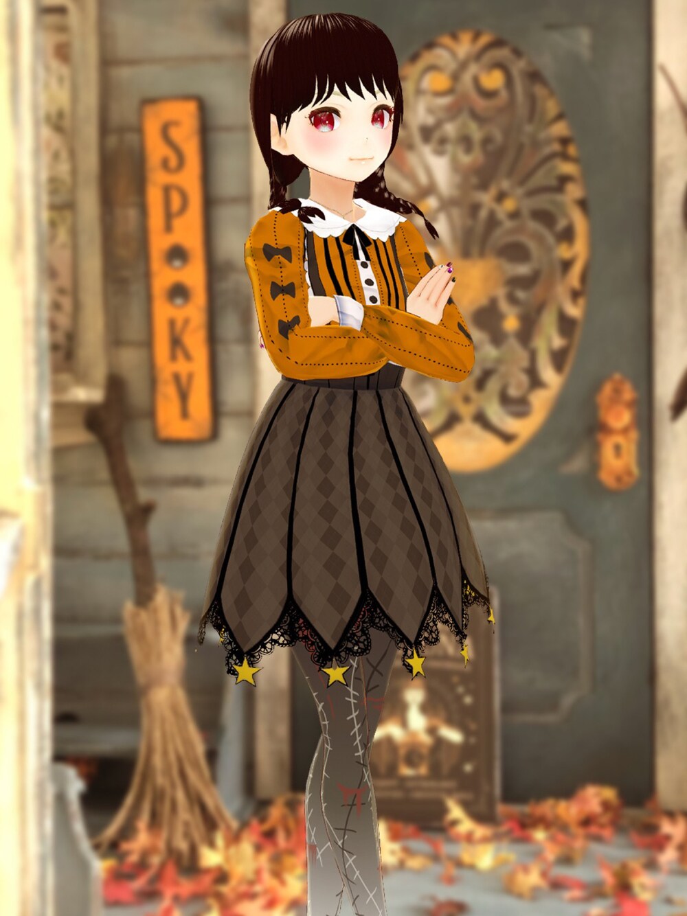 「wearhalloween2021、VRoid、バーチャルファッション、ハロウィン、パンプキン」｜「UltraNemiNemiShopのアイテム（ワンピース、オレンジ系）」を使った、八雲ももさん（レディース・160cm）の秋コーディネートの1枚目の写真