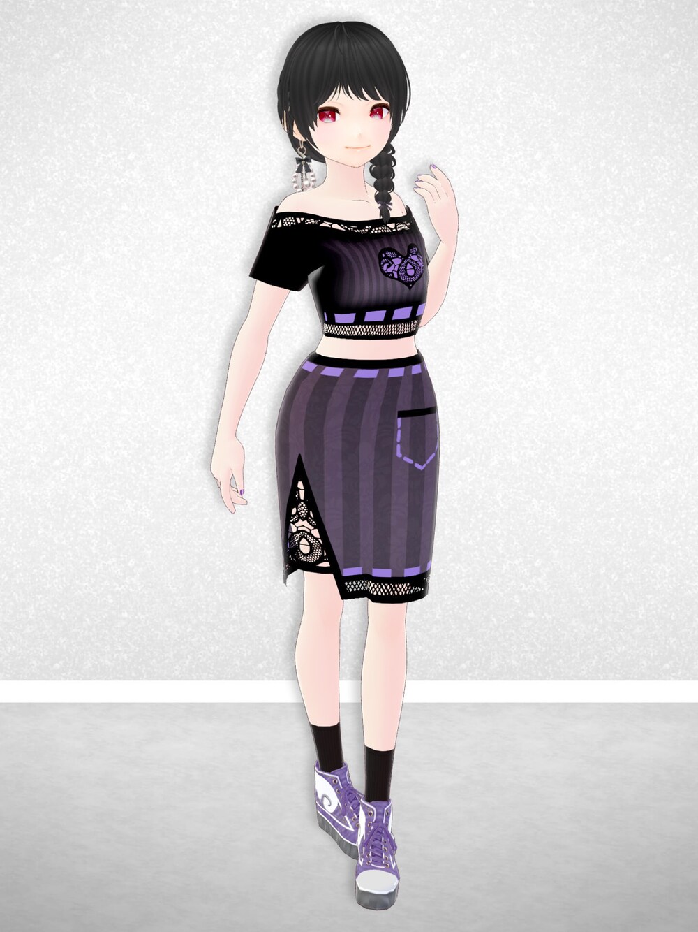 パープル系のシャツ/ブラウス、パープル系のスカート、パープル系のスニーカーを着用したレディースの春コーディネートの1枚目の写真