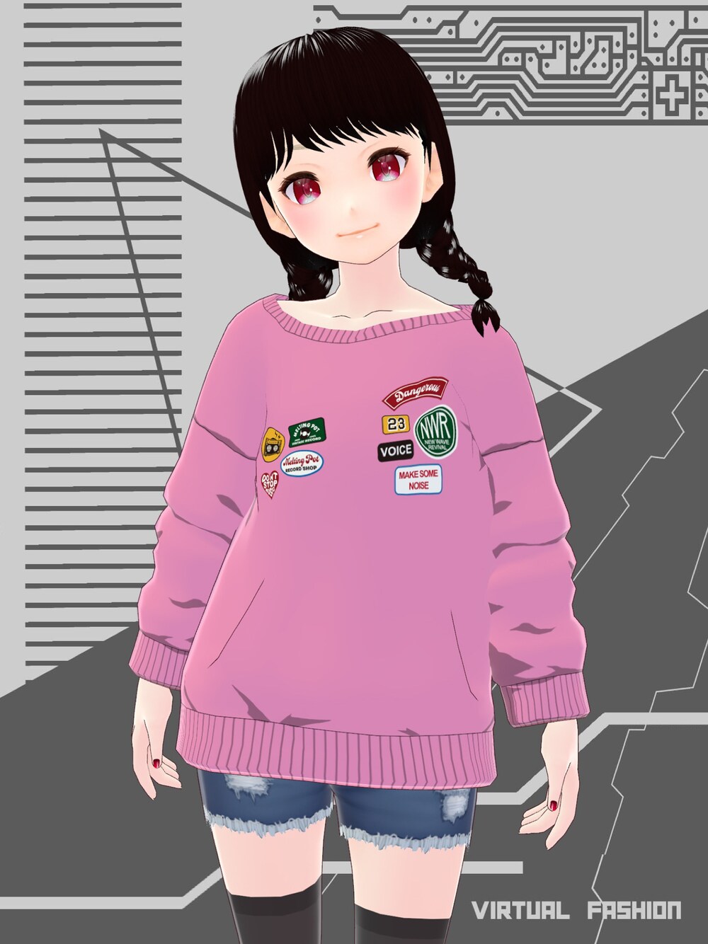 「SPINNS、SPINNSコーデ、クルーネック、スウェット、お洒落さんとつながりたい、VRoid、バーチャルファッション」｜「SPINNSのランダムワッペン クルーネックスウェット（スウェット、ピンク系）」を使った、八雲ももさん（レディース・160cm）の冬コーディネートの1枚目の写真