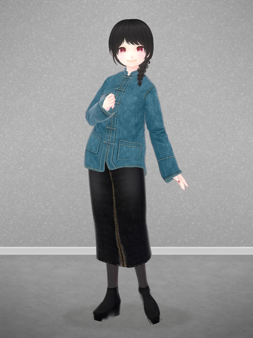 「KoYoMi Works、NicorinSHOP、Wiz's Create、VRoid、バーチャルファッション、デニムジャケット、デニムスカート、デニムコーデ、デニム」｜「KoYoMi Worksのアイテム（デニムジャケット、ブルー系）」を使った、八雲ももさん（レディース・160cm）の秋コーディネートの1枚目の写真