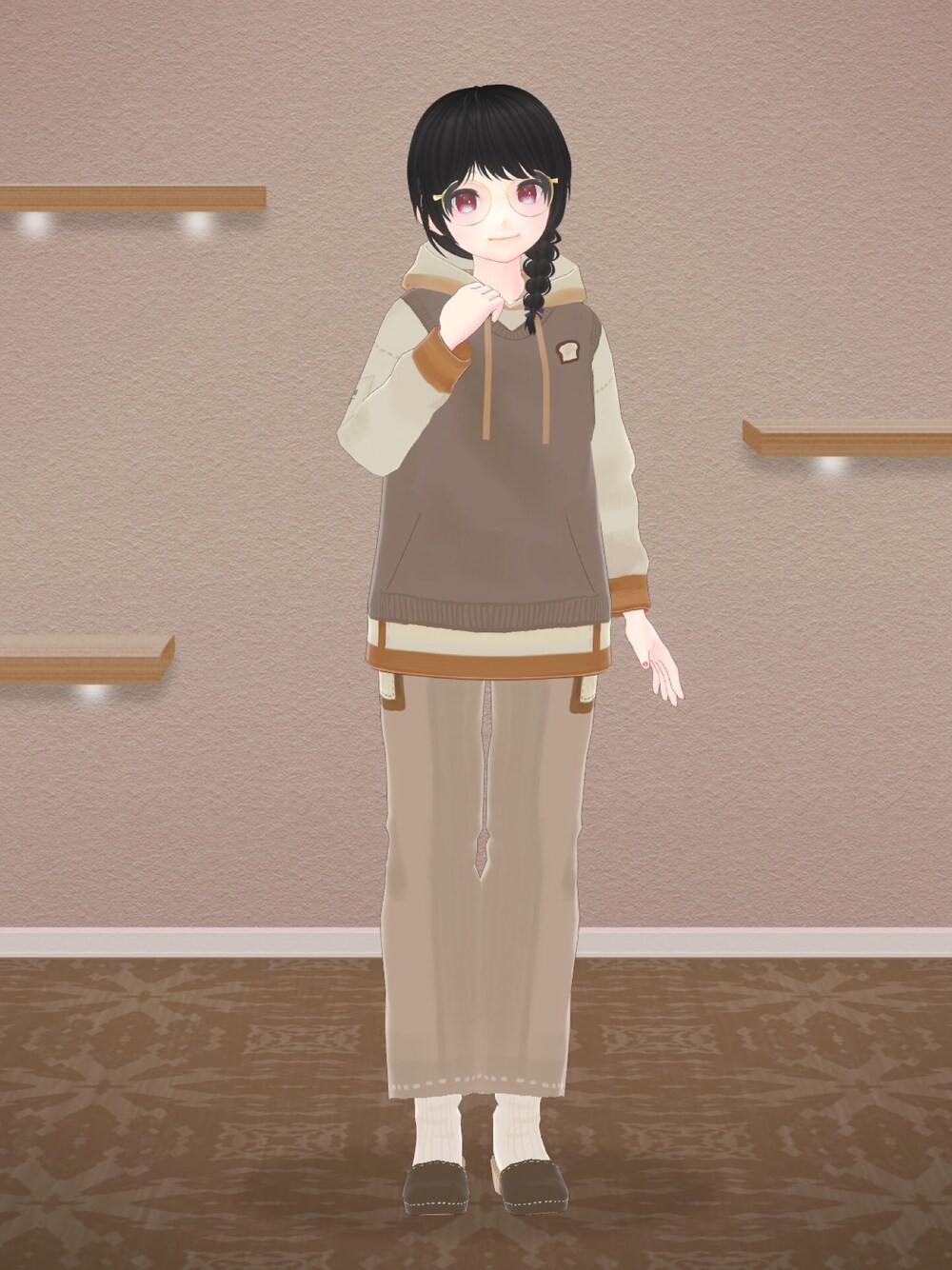 「monchouchou、まきなストア、VRoid、バーチャルファッション、パーカー、パーカーコーデ、フーディー、ブラウン、ブラウンコーデ、ベージュ、ベージュコーデ」｜「結ぱんやのアイテム（パーカー、ブラウン系）」を使った、八雲ももさん（レディース・160cm）の秋コーディネートの1枚目の写真