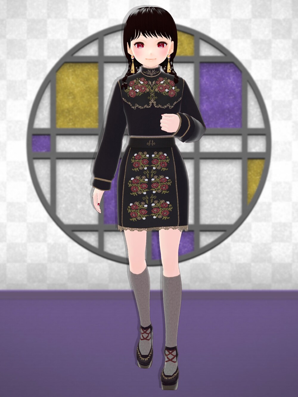 「春服みてみて、ametestore、まくら堂、タッセルピアス、ピアス、花柄、刺繍、VRoid、バーチャルファッション」｜「ametestoreのアイテム（セットアップ、ブラック系）」を使った、八雲ももさん（レディース・160cm）の春コーディネートの1枚目の写真
