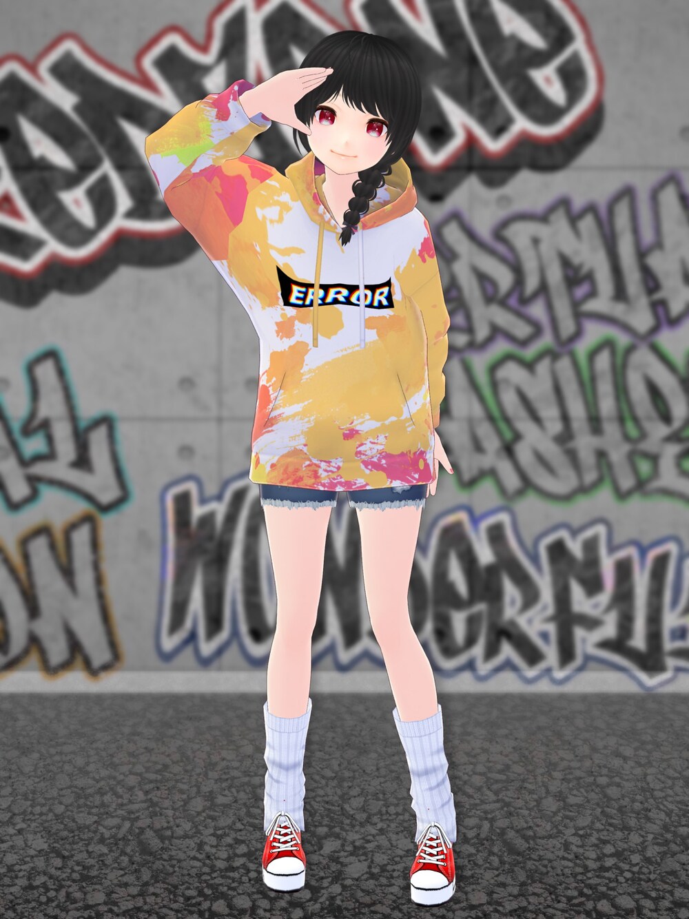 「鈴々堂、華月堂、saintcvroid、VRoid、バーチャルファッション」｜「鈴々堂のアイテム（パーカー、オレンジ系）」を使った、八雲ももさん（レディース・160cm）の秋コーディネートの1枚目の写真
