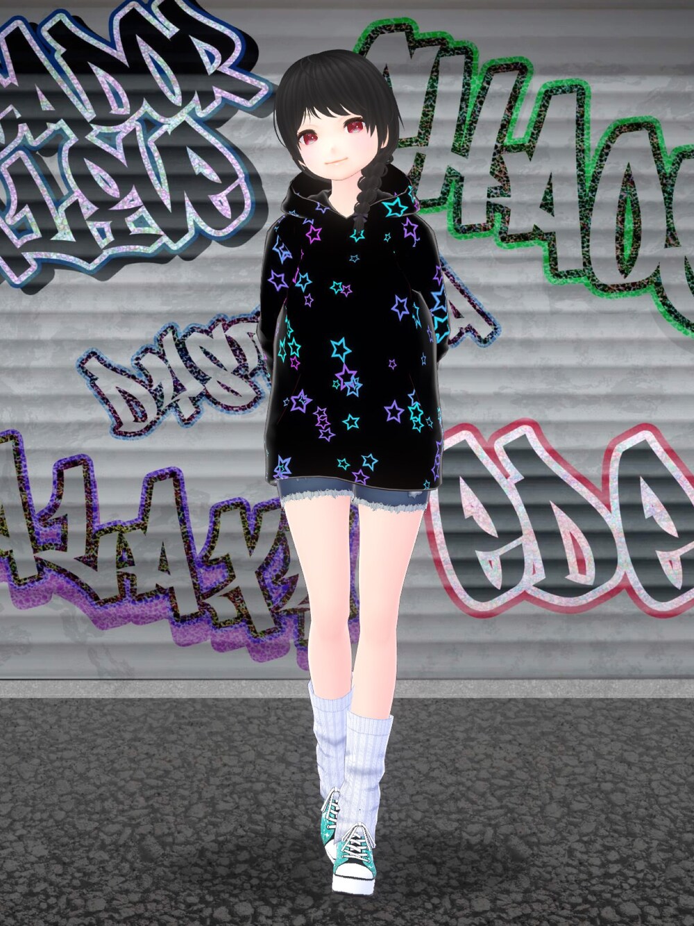 「SPADEZVR、華月堂、saintc acrium、VRoid、バーチャルファッション、パーカー、パーカーコーデ、フーディー、スニーカー、スニーカーコーデ、スニーカー女子、ルーズソックス」｜「SPADEZVRのアイテム（パーカー、ブラック系）」を使った、八雲ももさん（レディース・160cm）の秋コーディネートの1枚目の写真