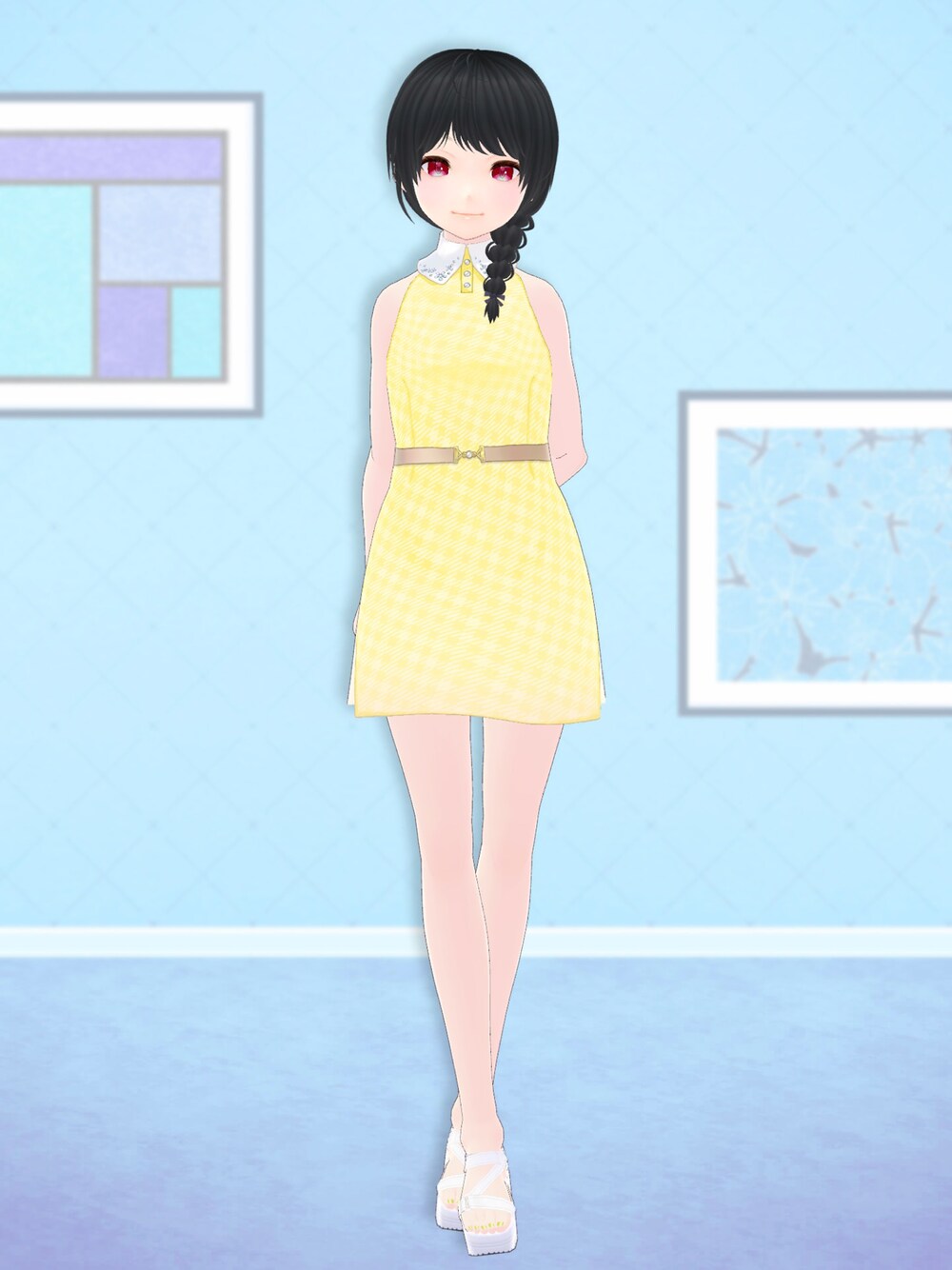 「くまさんぽしぇっと、VRoid、バーチャルファッション、ワンピース、ノースリーブ、ノースリーブワンピース、黄色」｜「くまさんぽしぇっとのアイテム（ワンピース、イエロー系）」を使った、八雲ももさん（レディース・160cm）の春コーディネートの1枚目の写真