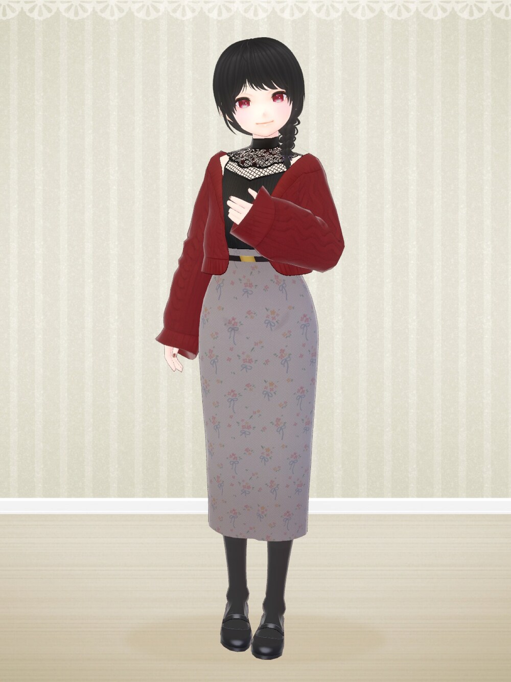 「くまさんぽしぇっと、VRoid、バーチャルファッション、カーディガン、秋色、秋コーデ、秋のコーデ、秋服、秋、大人女子、大人かわいい」｜「くまさんぽしぇっとのアイテム（カーディガン/ボレロ、レッド系）」を使った、八雲ももさん（レディース・160cm）の秋コーディネートの1枚目の写真