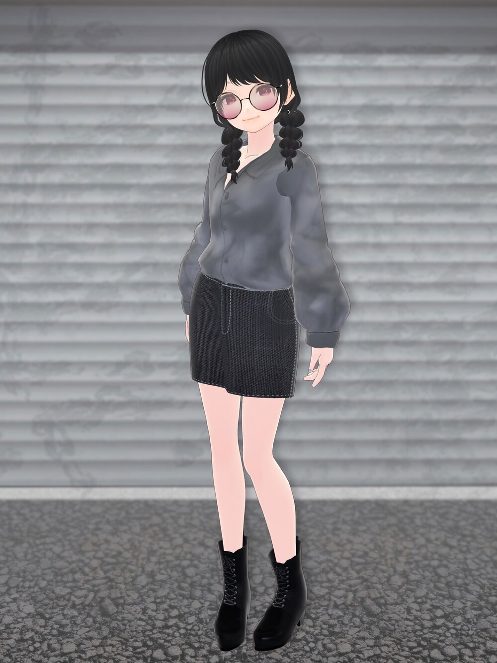 「MxU、awai、VRoid、バーチャルファッション、タイダイ柄、デニムスカート、ブーツ」｜「MxUのアイテム（シャツ/ブラウス、グレー系）」を使った、八雲ももさん（レディース・160cm）の秋コーディネートの1枚目の写真
