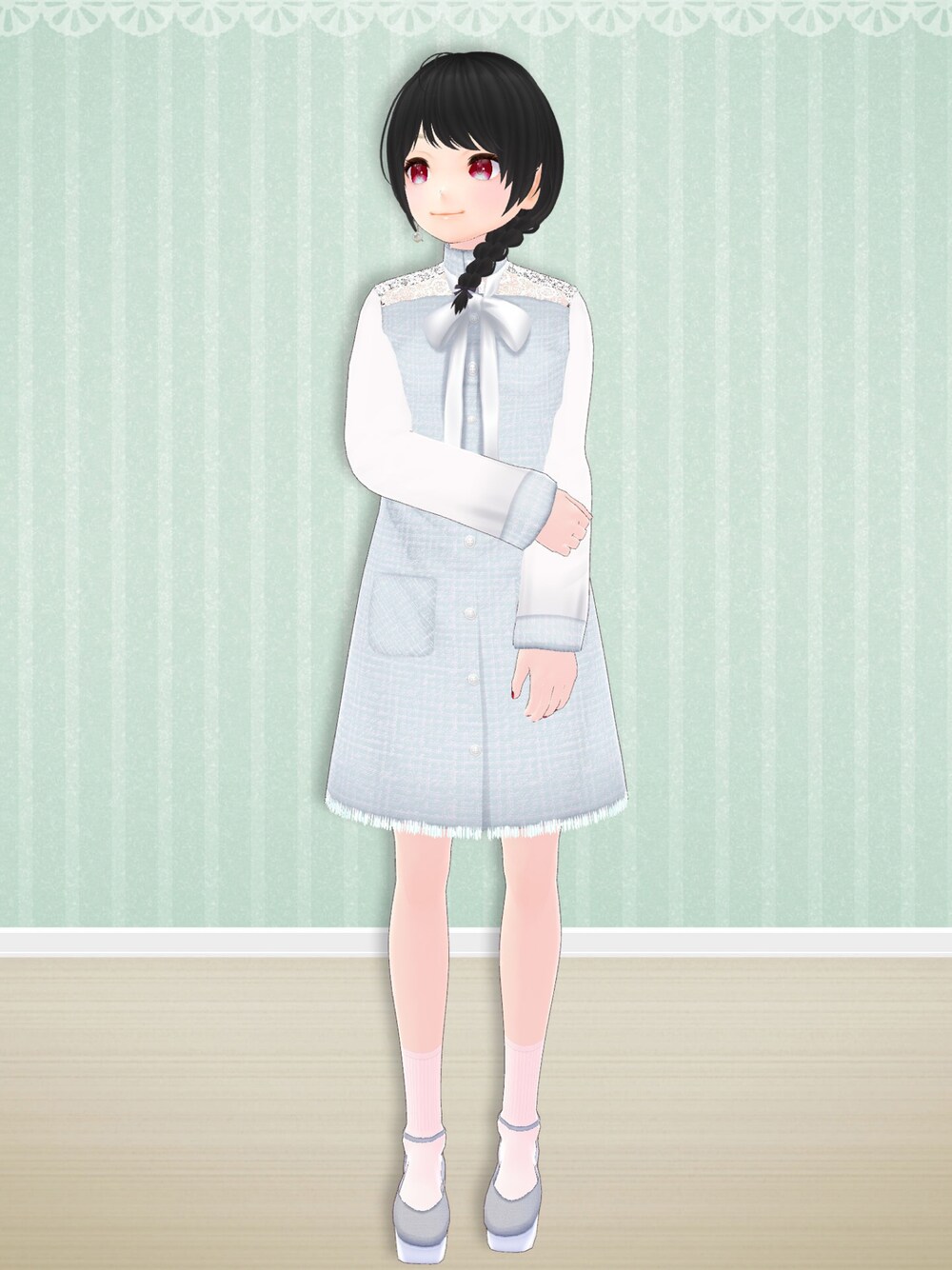 「piriod、VRoid、バーチャルファッション、ワンピース、ツイード、ツイードワンピース、今日のコーデ」｜「piriodのアイテム（パンプス、シルバー系）」を使った、八雲ももさん（レディース・160cm）の春コーディネートの1枚目の写真