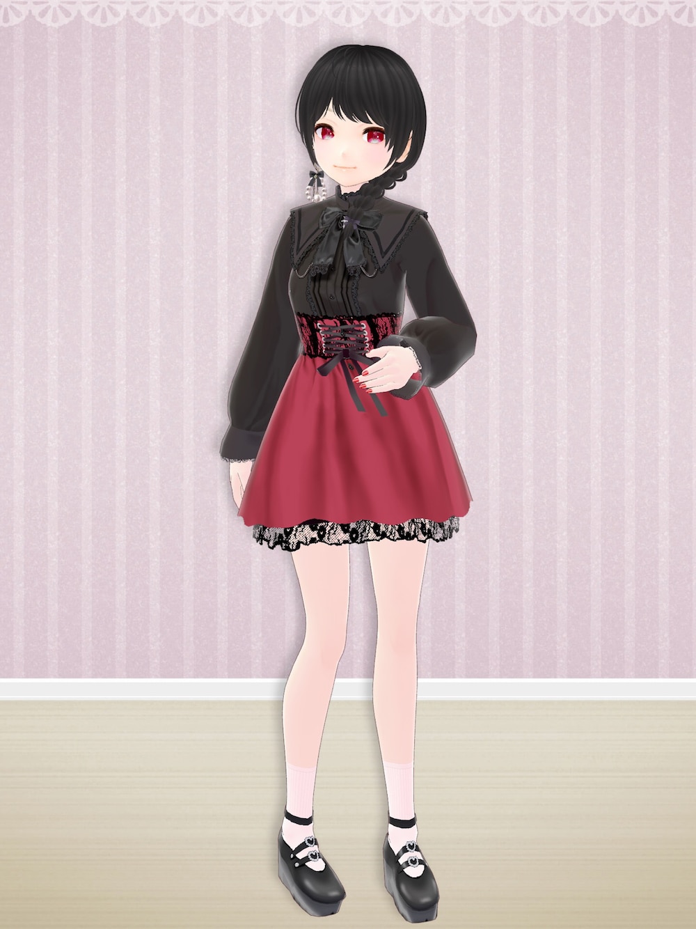 「DearMyLove、夢展望、夢展望DearMyLove、MONARCH_V、VRoid、バーチャルファッション、コルセット風、コルセットスカート」｜「DearMyLoveのアイテム（シャツ/ブラウス、ブラック系）」を使った、八雲ももさん（レディース・160cm）の春コーディネートの1枚目の写真