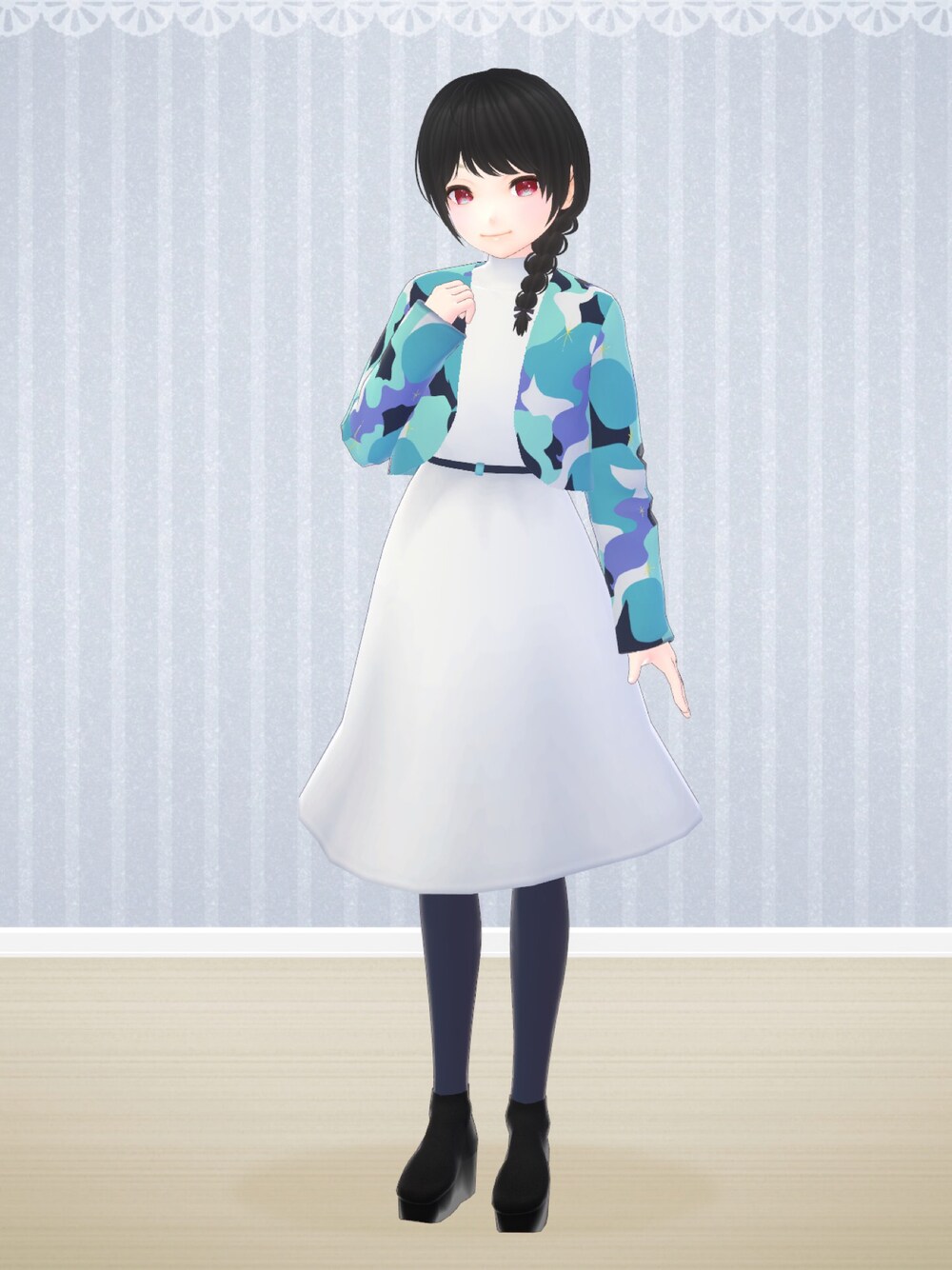 「minarico、Wiz's Create、VRoid、バーチャルファッション、ノーカラージャケット、ワンピース、カモフラ、カモフラージュ、カモフラ柄、新作」｜「minaricoのアイテム（ノーカラージャケット、その他）」を使った、八雲ももさん（レディース・160cm）の秋コーディネートの1枚目の写真