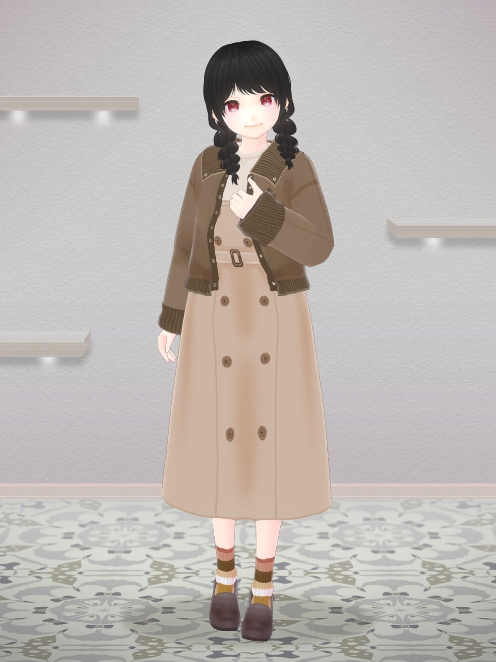 「monchouchou、VRoid、バーチャルファッション、秋コーデ、大人カジュアル、秋カラー、カジュアル、秋服、秋服コーデ、秋のコーデ」｜「結ぱんやのアイテム（ジャンパースカート、ベージュ系）」を使った、八雲ももさん（レディース・160cm）の秋コーディネートの1枚目の写真