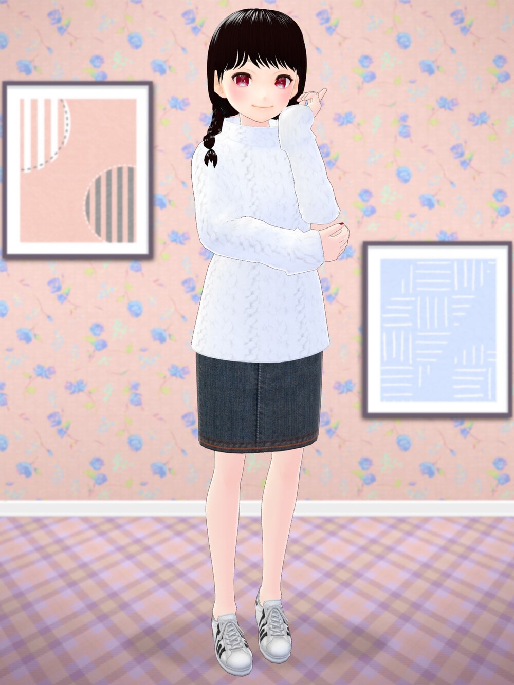 「KoYoMi Works、シンプル、シンプルコーデ、ニット、ニットセーター、デニムスカート、お洒落さんとつながりたい、おしゃれさんと繋がりたい、オトナカワイイ」｜「KoYoMi Worksのアイテム（デニムスカート、ブルー系）」を使った、八雲ももさん（レディース・160cm）の春コーディネートの1枚目の写真