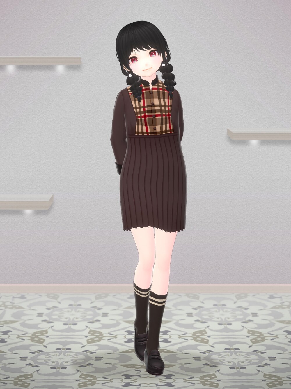 「なると屋、VRoid、バーチャルファッション、ワンピース、ワンピーススタイル、ワンピースコーデ、秋コーデ、秋のコーデ、秋服」｜「なると屋のアイテム（ワンピース、ブラウン系）」を使った、八雲ももさん（レディース・160cm）の秋コーディネートの1枚目の写真