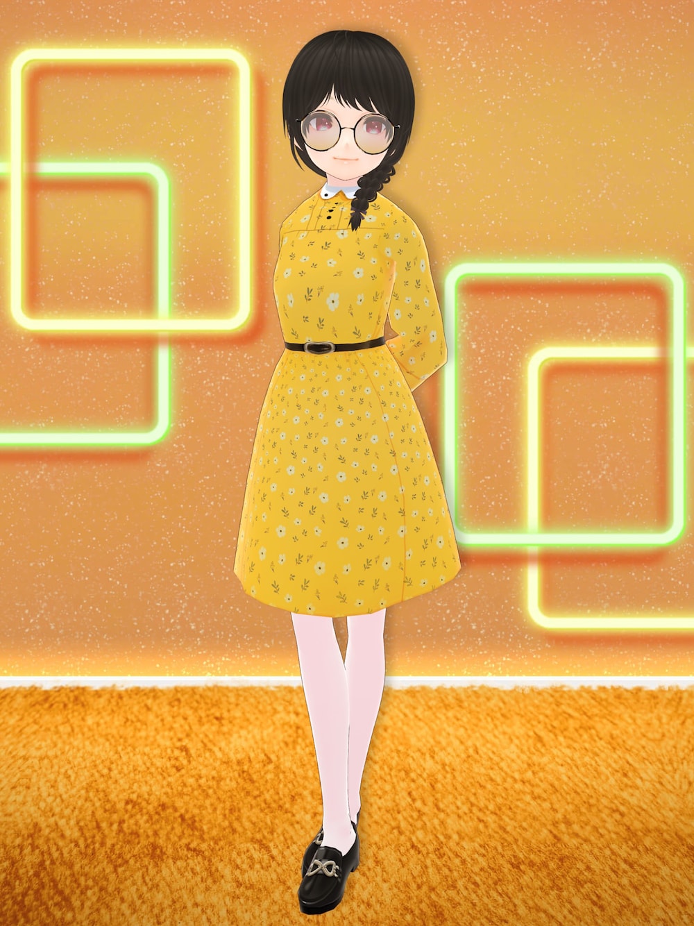 「VINCEDESDECOSHOP、awai、VRoid、バーチャルファッション、ワンピース、ワンピーススタイル、ローファー、ミッドサマー、ミッドサマースタイル」｜「vincedesdecoshopのアイテム（ワンピース、イエロー系）」を使った、八雲ももさん（レディース・160cm）の夏コーディネートの1枚目の写真