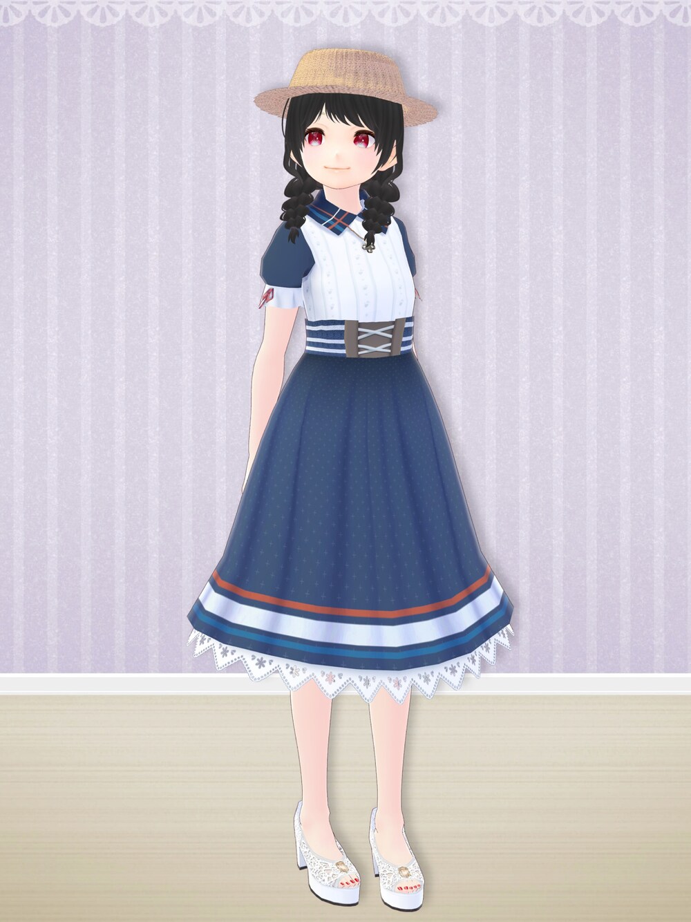 ホワイト系のサンダル、ブルー系のスカート、ホワイト系のシャツ/ブラウスを着用したレディースの夏コーディネートの1枚目の写真