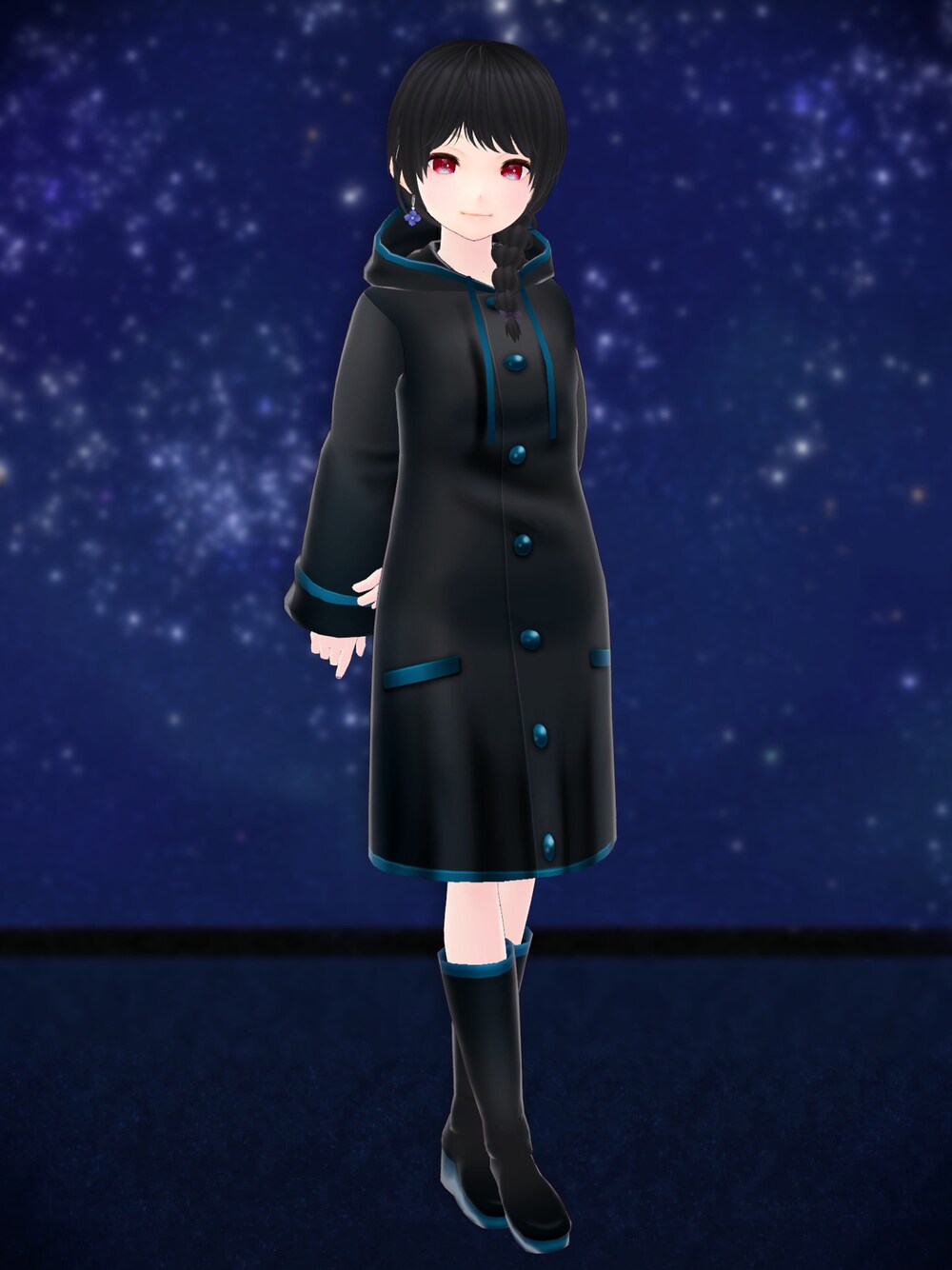 「#EMUDESIGN、まくら堂、VRoid、バーチャルファッション、雨の日コーデ、雨、雨の日、レインコート」｜「#EMUDESIGNのアイテム（その他アウター、ブラック系）」を使った、八雲ももさん（レディース・160cm）の夏コーディネートの1枚目の写真