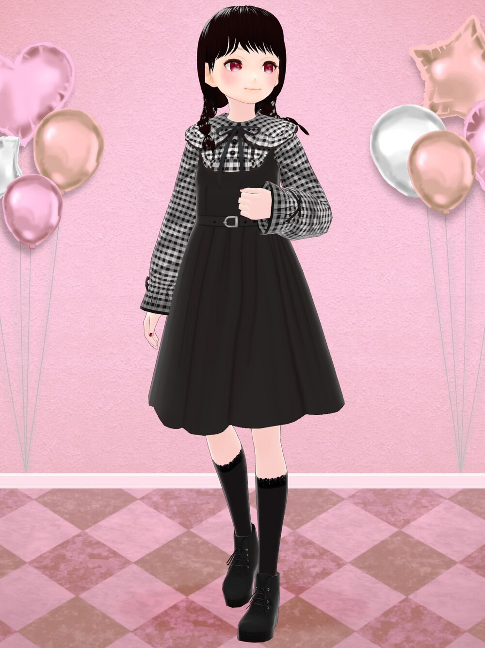「夢展望DearMyLove、夢展望、ワンピース、VRoid、バーチャルファッション、量産型、おしゃれさんと繋がりたい、お洒落さんとつながりたい」｜「Hajurako Recordsのアイテム（ブーツ、ブラック系）」を使った、八雲ももさん（レディース・160cm）の春コーディネートの1枚目の写真