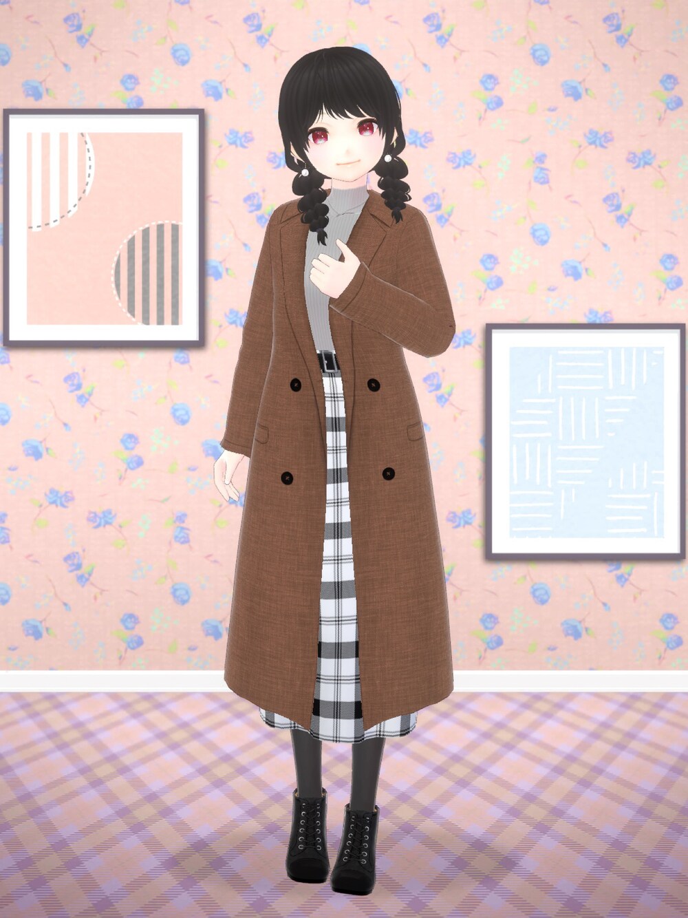 「LWRDWR、なお屋、7692_shop、VRoid、バーチャルファッション、チェスターコート、ロングスカート、コート、コートスタイル、秋ルック紹介するよ」｜「LWRDWRのアイテム（チェスターコート、ブラウン系）」を使った、八雲ももさん（レディース・160cm）の秋コーディネートの1枚目の写真