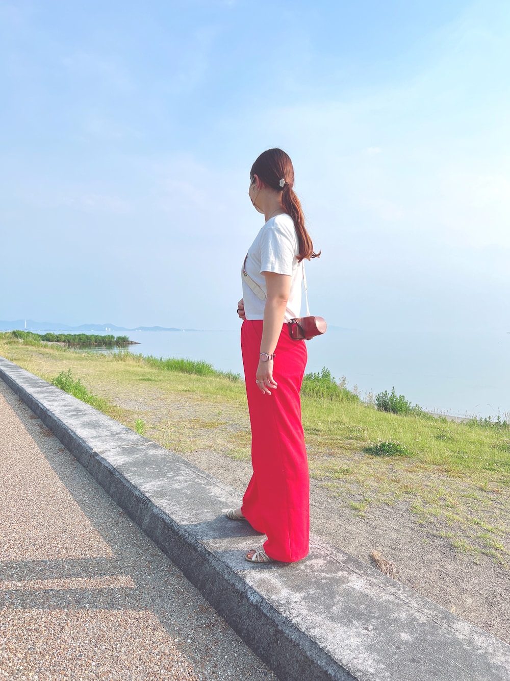 「カジュアルコーデ、シンプルコーデ、GUコーデ、コットンミニt、カラーパンツ、カラーパンツコーデ、ロングヘアー、ぽっちゃりコーデ、プチプラコーデ」｜「GUのカラースラックス(丈標準69～73cm)（パンツ、その他）」を使った、EIGA୨୧ *⑅❤︎·̩͙さん（レディース・163cm）の夏コーディネートの1枚目の写真