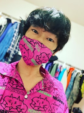 「アイテム（マスク、パープル系）」を使った、のく坊さん（メンズ・172cm）の夏コーディネート