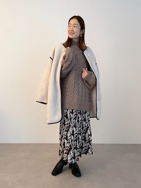 「ケーブルニット」｜「アイテム（ノーカラーコート）」を使った、Shiiiさん（レディース・162cm）の秋コーディネート