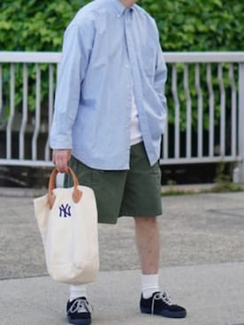 「FRUIT OF THE LOOM（フルーツオブザルーム）のFRUIT OF THE LOOM×ROOPTOKYO/フルーツオブザルーム×ループトウキョウ ブランドロゴ コラボＴシャツ メンズ レディース ユニセックス 2026年春夏春服 夏服（Tシャツ/カットソー、ホワイト系）」を使った、rooptokyokkさん（メンズ・173cm）の夏コーディネート