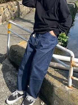 「GILDAN（ギルダン）の【ROOPTOKYO】GILDAN ６oz クルーネック 袖リブ ロングスリーブTee /ロンT 無地カットソー オーバーサイズ 2026年春夏（Tシャツ/カットソー、ブラック系）」を使った、rooptokyokkさん（メンズ・173cm）の春コーディネート