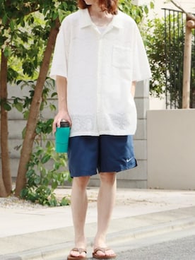 「FRUIT OF THE LOOM（フルーツオブザルーム）のFRUIT OF THE LOOM×ROOPTOKYO/フルーツオブザルーム×ループトウキョウ ブランドロゴ コラボＴシャツ メンズ レディース ユニセックス 2026年春夏春服 夏服（Tシャツ/カットソー、ホワイト系）」を使った、rooptokyokkさん（メンズ・173cm）の夏コーディネート