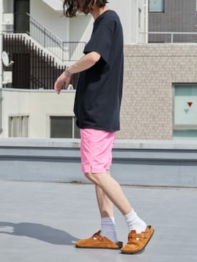 「FRUIT OF THE LOOM（フルーツオブザルーム）のFRUIT OF THE LOOM×ROOPTOKYO/フルーツオブザルーム×ループトウキョウ ブランドロゴ コラボＴシャツ メンズ レディース ユニセックス 2026年春夏春服 夏服（Tシャツ/カットソー、ホワイト系）」を使った、rooptokyokkさん（メンズ・173cm）の夏コーディネート