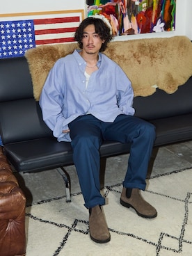 「Dickies（ディッキーズ）の【お気に入り数11万人突破】Dickies/ディッキーズ THE ORIGINAL FIT 874 TCツイル センタープレス スケーターパンツ レングス32インチ ワークパンツ イージーパンツ 2026年 夏 夏服 秋服（チノパンツ、ブルー系）」を使った、rooptokyokkさん（メンズ・178cm）の夏コーディネート