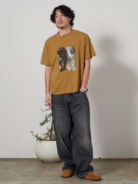 「REMI RELIEF（レミレリーフ）のREMI RELIEF/レミレリーフ SP加工NEW Fit-T（Leopard) レオパード クルーネック ヴィンテージライク コットンＴシャツ メンズ 2026年夏 夏服（Tシャツ/カットソー、グリーン系）」を使った、rooptokyokkさん（メンズ・178cm）の夏コーディネート