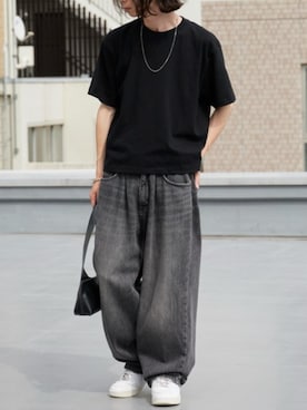 「GUNG HO（ガンホー）のGUNGHO/ガンホー DENUM BAGGY PANTS デニムバギーパンツ ルーズシルエット（デニムパンツ、ブラック系）」を使った、rooptokyokkさん（メンズ・173cm）の夏コーディネート